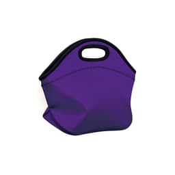 A purple neoprene lunch bag with a handle and stitched detailing. Features a logo on the side.
