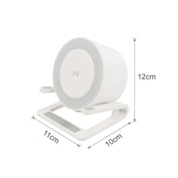 A white night light speaker with wireless charging feature, featuring a stand and dimensions of 12cm height and 11cm width.