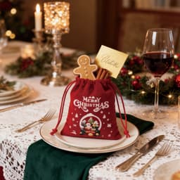 A red drawstring gift bag with a festive design, containing a gingerbread man and a note, set on a dining table.