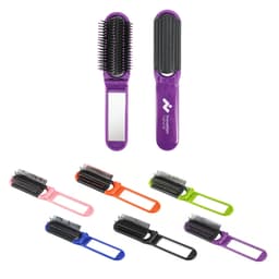 A folding hair brush with a mirror, available in various colours including purple, pink, green, blue, and black.