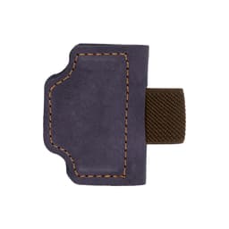A magnetic bookmark with pen clip in navy blue and brown, featuring stitching detail and a simple design.