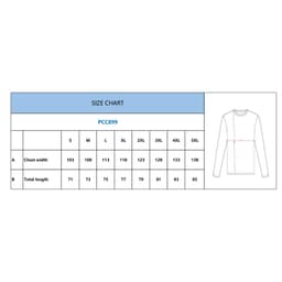 A size chart for a men's long sleeves fishing shirt, featuring measurements for chest width and total length.
