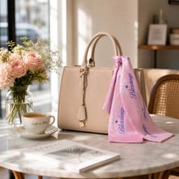 A beige handbag with a pink chiffon scarf hanging on it, placed on a table near a cup of coffee and flowers.