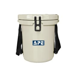 A 15L cream ice bucket with a black rope handle and a logo on the front.