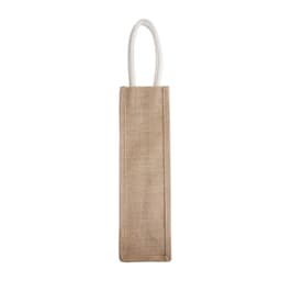 A jute wine carrier in a natural beige colour with white handles and a simple design.