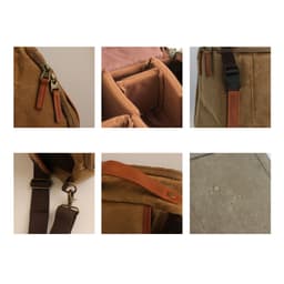 A waxed canvas camera sling bag in tan, featuring leather accents, zippers, and adjustable straps.
