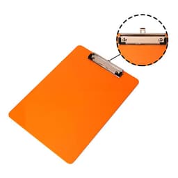 An orange clipboard with a metal clip at the top and a smooth surface.