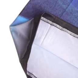 An Ice Silk Neck Gaiter featuring a gradient design in shades of blue, with a black edge and a branded logo.