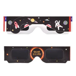 Custom solar eclipse glasses featuring a black design with colourful space graphics, including planets and rockets.