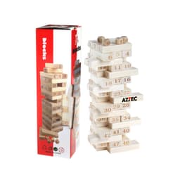 A wooden block tower game with numbered blocks in a stacked configuration, featuring a colourful box with branding.