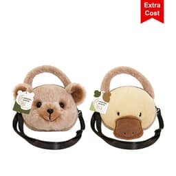Two plush handbags featuring a bear design and a platypus design, both in soft brown tones with adjustable straps.
