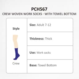 Crew woven work socks in navy blue with towel bottom, designed for adult sizes 7-12, featuring a thick construction.