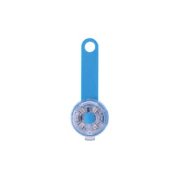 A blue LED pet collar light with a circular design and a mounting clip on one end. It features multiple small lights inside.