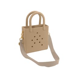 A tan mini beach bag with perforated detailing, featuring two handles and an adjustable shoulder strap.