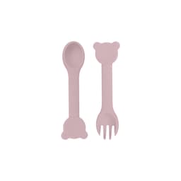 Bear shape silicone cutlery set in soft pink, includes a spoon and fork with bear-shaped handles.