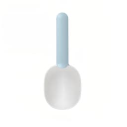 A pet food scoop in white with a light blue handle, featuring a simple, functional design and a logo.
