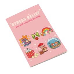 A5 custom colouring book with a pink cover featuring colourful illustrations and a logo.