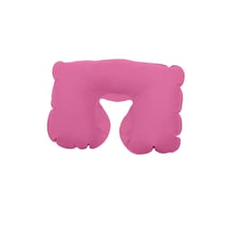 A pink inflatable travel pillow with a contoured shape for neck support, featuring a logo.