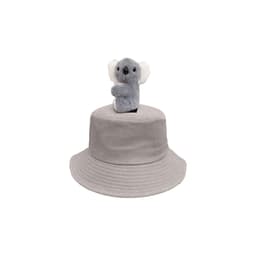 A grey bucket hat featuring a plush koala toy on top, with a textured finish and a logo.