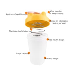 A drink bottle featuring a white body and yellow screw-on lid, with a stainless steel shaker ball inside and a wide mouth design.
