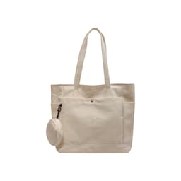 A casual beige canvas bag featuring two handles and a small round accessory pouch attached.