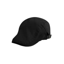 A black beret hat with a sleek design and an adjustable strap at the back.
