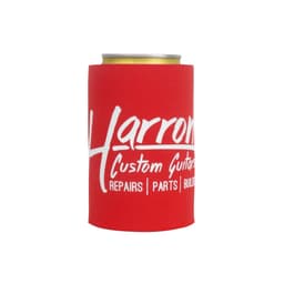 A red stubby holder featuring a logo, designed to fit drink cans.