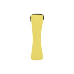 A yellow zippered pouch for storing utensils, featuring a sleek, curved design. It includes a logo.