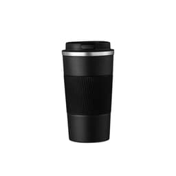 A travel coffee mug in black stainless steel with a ribbed grip and a black lid, featuring a logo.