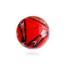 A red promotional soccer ball featuring decorative patterns and a logo. Ideal for leisure and outdoor activities.