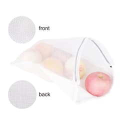 A white cotton mesh produce bag filled with apples, featuring a transparent design and visible branding.