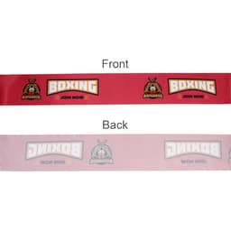 A red promotional ribbon with logos on both sides, featuring text related to boxing.