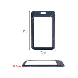 A navy ABS double-sided ID card holder with dimensions of 11cm by 7cm and a thin design. Includes a logo.