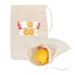 A large cotton produce bag in natural colour, with an orange and apple inside, featuring a logo on the front.