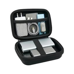 A black zipper case filled with various electronic accessories, including chargers, cables, and a power bank.