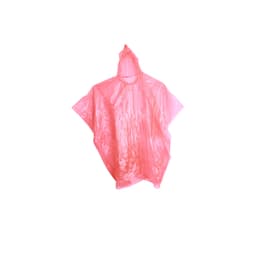 A pink poncho made of lightweight plastic, featuring a hood and open sides. It has a logo on it.