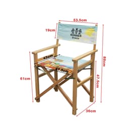 A director's chair with a light blue seat and backrest, featuring a logo and wooden frame. Measurements included.