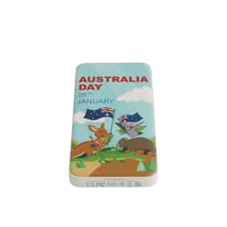 A power bank featuring a colourful design with Australian animals and flags, celebrating Australia Day.