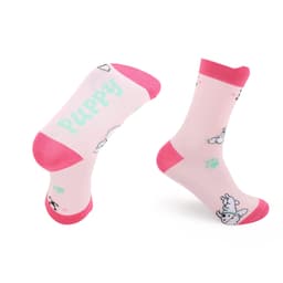 Two pairs of pink and white crew socks featuring playful puppy designs and a light blue text pattern.