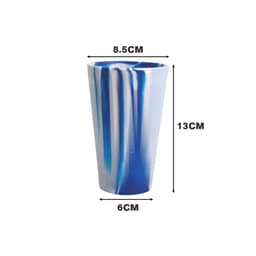 A blue and white marbled silicone cup with a tapered design, featuring dimensions of 13 cm height and 8.5 cm diameter.