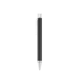 A flat black plastic pen with a silver tip and transparent clip, featuring a logo on the barrel.