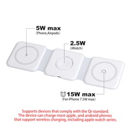 A white, 3-in-1 foldable MagSafe wireless charger with space for a phone, AirPods, and an Apple Watch.