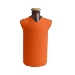 An orange bottle cooler with a sleeveless design, fitted around a drink bottle, featuring a logo.