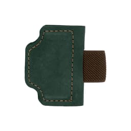 A green magnetic bookmark with a brown pen clip features contrasting stitching and a textured surface.