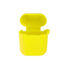 A bright yellow silicone case for AirPods, featuring an open lid and a small attachment loop.