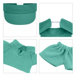 A teal plush doll racing suit set featuring a visor, top, and pants, designed for 15–17cm dolls.