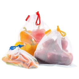 A set of five produce bags in white mesh, featuring drawstrings in red, orange, and blue, holding various vegetables and fruits.