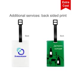 Acrylic luggage tags in white and green, featuring black straps and a logo on one tag.