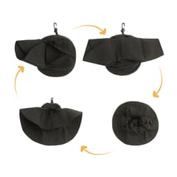 A foldable black bucket hat displayed in multiple positions, featuring a clip for easy storage.
