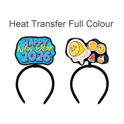 A black custom felt headband featuring colourful designs: "Happy New Year 2026" and various fruit illustrations.